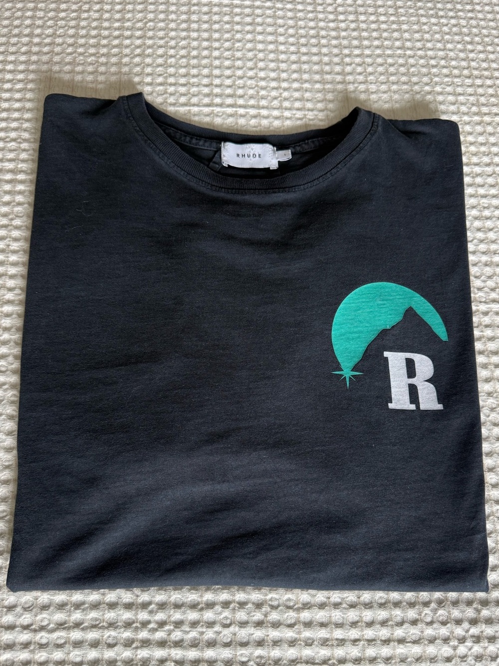 Rhude Black Tee with Teal Crescent and White 'R' Logo & back graphic Like new